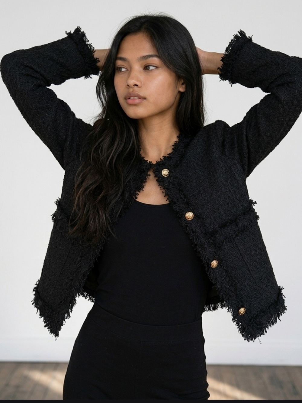 CHICHERA Black Fringe Wool Blend Tweed Jacket Free Size